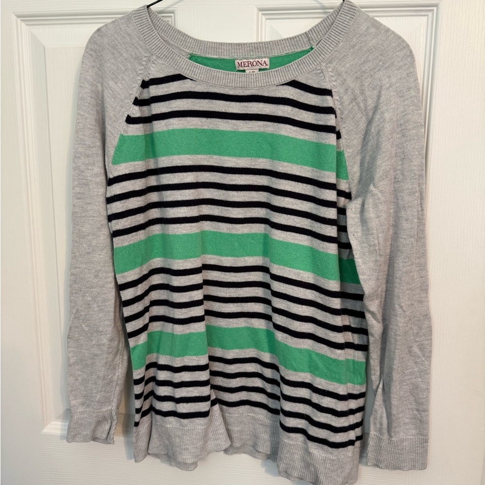 Merona Gray and Green Striped Top